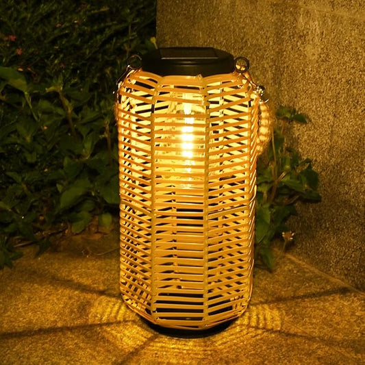 Livinlarge Solar Lantern Outdoor Hanging Lights, Rattan Lantern Waterproof with Twine Handle, Bright Solar Outdoor Lights with Edison Bulb for Garden Patio Yard Tabletop Decoration