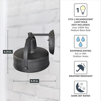 Designers Fountain Portland Outdoor Light Fixture, 8.25 Inch Exterior Wall Lantern Sconce for Front Door, Patio and Porch, Weathered Pewter, 33131-WP