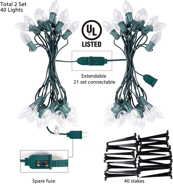 C9 LED Christmas Pathway Lights, 2 Sets Total 51.4 Ft Christmas Path Light with 40 Bulbs and Stakes, Extendable Waterproof String Lights for Walkway Driveway Lawn Outdoor Decorations, Warm White