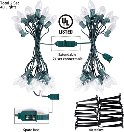 C9 LED Christmas Pathway Lights, 2 Sets Total 51.4 Ft Christmas Path Light with 40 Bulbs and Stakes, Extendable Waterproof String Lights for Walkway Driveway Lawn Outdoor Decorations, Warm White