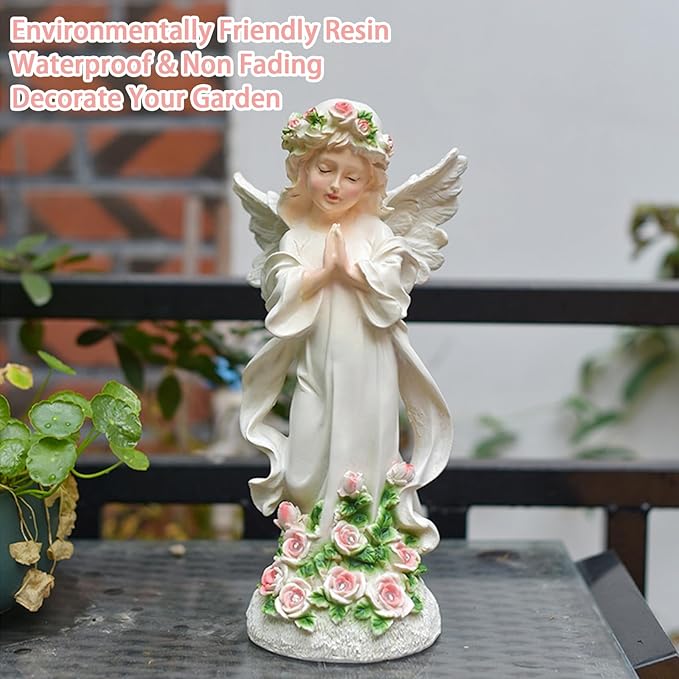Solar Garden Statues Lights, Guardian Angel Figurines Light with Flower, Resin Praying Angel Figurine Lights Landscape Light, Outdoor Decor Garden Figurine for Patio Balcony Yard Lawn (White Angel)