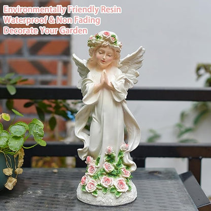 Solar Garden Statues Lights, Guardian Angel Figurines Light with Flower, Resin Praying Angel Figurine Lights Landscape Light, Outdoor Decor Garden Figurine for Patio Balcony Yard Lawn (White Angel)