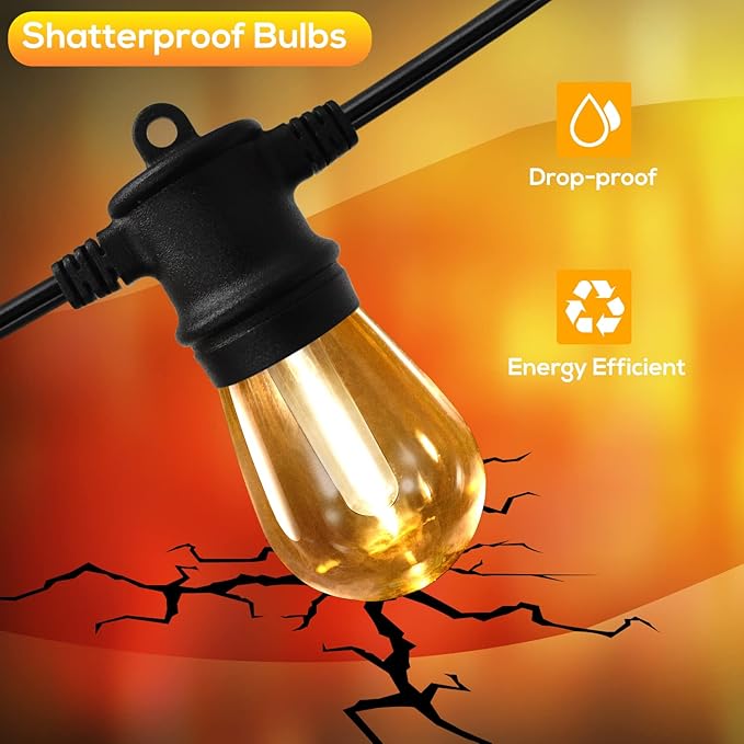 FMART LED Outdoor String Lights, 3*50FT(150FT Total) Hanging Lights Dimmable Commercial Grade UL ETL Listed Waterproof, 3X15 Sockets 1W 2700K Shatterproof Edison S14 Bulbs(3 Spare) Heavy Duty Lights