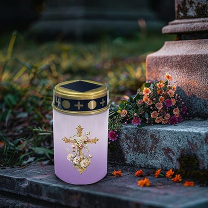 Floral Yard Decorations Outdoor Cemetery Solar Lights for Grave Cross Bright Light for Garden, Lawn,Patio,Yard Decoration