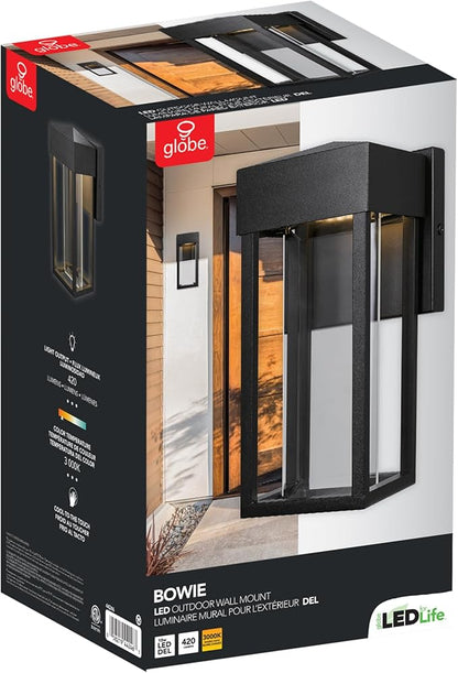 GLOBE Electric 44246 Bowie LED Integrated Outdoor Indoor Wall Sconce, Matte Black, Clear Glass Insert, 10W, 420 Lumens