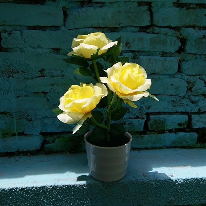 LED Solar Power Decorative Artificial Rose Flower Pot Plant Landscape Light Night Lamp Outdoor Garden Yard Pathway Lawn Grassland Yellow