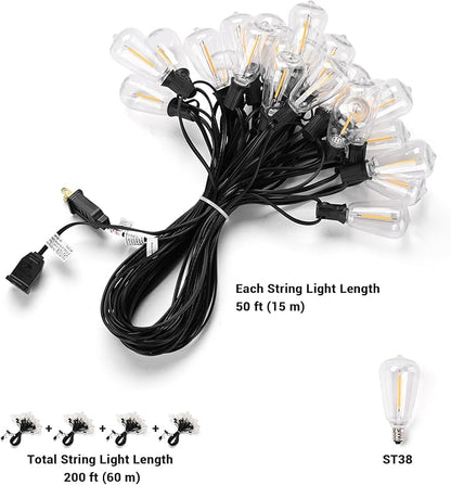 DELight 200Ft LED Outdoor String Lights Waterproof Dimmable 100 Shatterproof ST38 Vintage Edison Bulbs 2700K Hanging Outside for Patio Backyard Cafe Garden Bistro Porch Gazebo Event Party