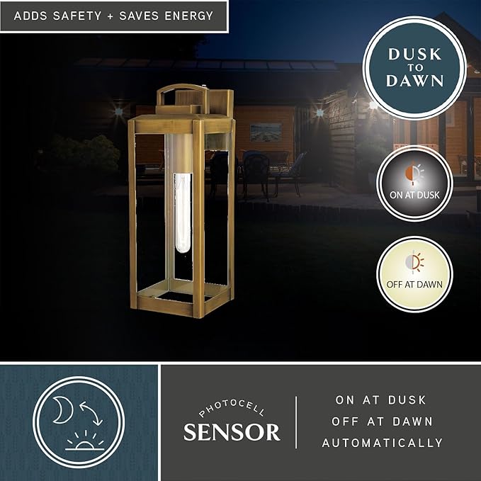 VAXCEL Kinzie Outdoor Porch Light, 6" W x 16.75" H Gold Brass Outdoor Lantern, Modern Dusk to Dawn Wall Light for | Lumora
