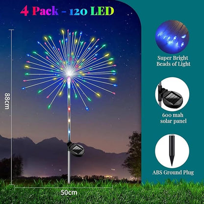 4 Pack LED Outdoor Solar Colorful Fireworks Lights, Gradient Garden Atmosphere Decorative Path Lights, 2 Modes Waterproof DIY Courtyard Decor