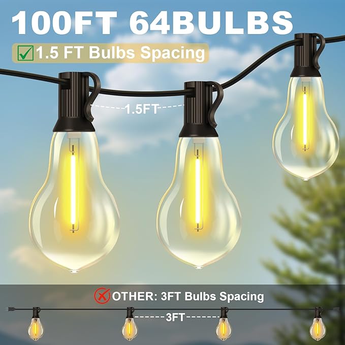 100FT Outdoor String Lights Waterproof with 64+4 Bulbs (1.5FT Bulbs Spacing), Remote & Dimmer, Commercial Patio | Lumora