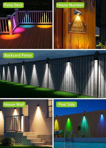 Solar Fence Lights Outdoor Waterproof High Brightness LED Spot Lens Deck Lights 7 Mode Warm & Cool White RGB Solar Powered Wall Light Decor for Christmas Outside Patio Step Backyard Rail - 12 Pack