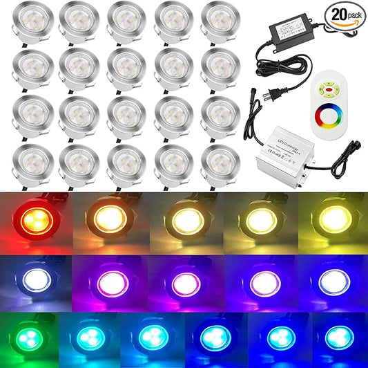 20pcs Low Voltage LED Deck Lights Kits Multi-Color RGB Stainless Steel Waterproof Outdoor Recessed Wood Decoration Lamps Landscape Pathway Patio Step Stairs LED In-ground Lighting(Silver Border)
