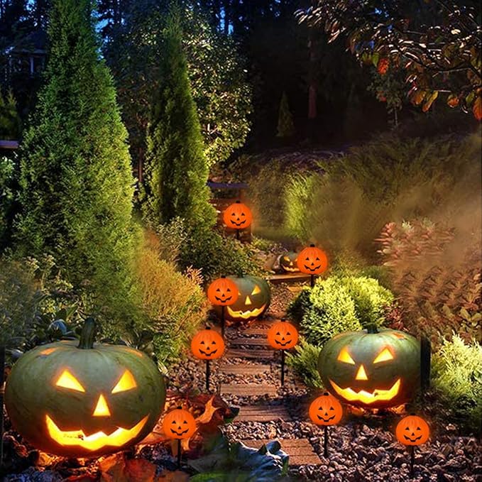 SUNSGNE Halloween Pathway Lights Outdoor, Set of 4 Halloween Pumpkin Stake Lights, Connectable Jack-O-Lantern Walkway Light for Holiday Garden Party Driveway Lawn Lighting Decor