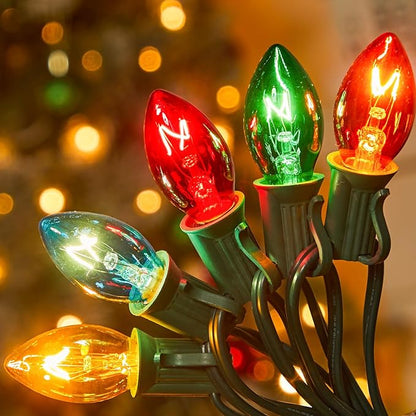Minetom C7 Christmas Lights Outdoor 50 Feet Multicolor Christmas String Lights Green Wire for Room Roofline House Garden Patio Backyard Cafe Party Xmas Home Decorations, 50 Clear Bulbs