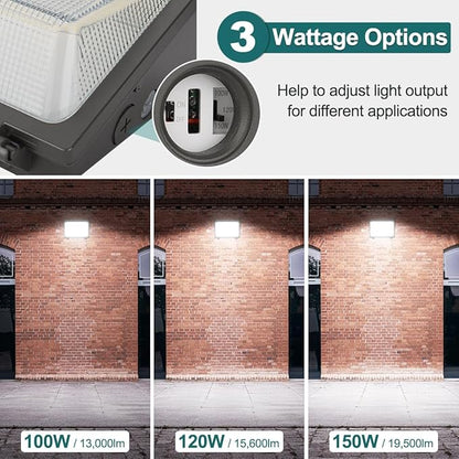kadision 150W LED Wall Pack 120W 100W Adjustable, 19500lm 5000K 120-277V Dusk-to-Dawn Outdoor Lighting Exterior Light for House Parking Lot Warehouse Entrance, ETL Listed 1-Pack