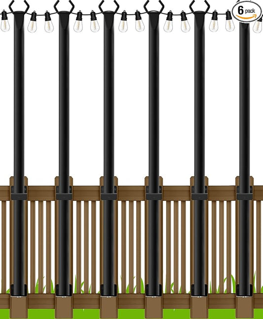 AILBTON 4.8Ft String Light Poles 6 Pack,Light Poles for Outside Lights,Outdoor with Fence Brackets Hanging Lights,Metal Stand Deck Patio Backyard