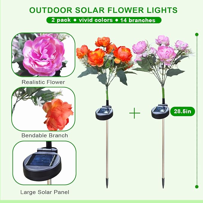 Solar Peony Flower Lights Outdoor, 2-Pack Orange & Purple 42-LED Solar Lights with Auto On/Off, Bendable Stems, Waterproof Decorative Garden Lights for Yard, Patio, Pathway, Cemetery Gravesite