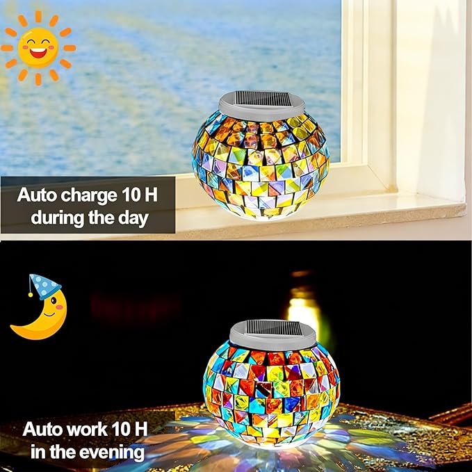 Aukora Color Changing Solar Powered Glass Ball Garden Lights, Table Lamps Waterproof Night Light for Patio, Party, Yard, Room, Bar, Wine Cabinet, Outdoor/Indoor Decorations, Ideal Gift(Mosaic Glass)