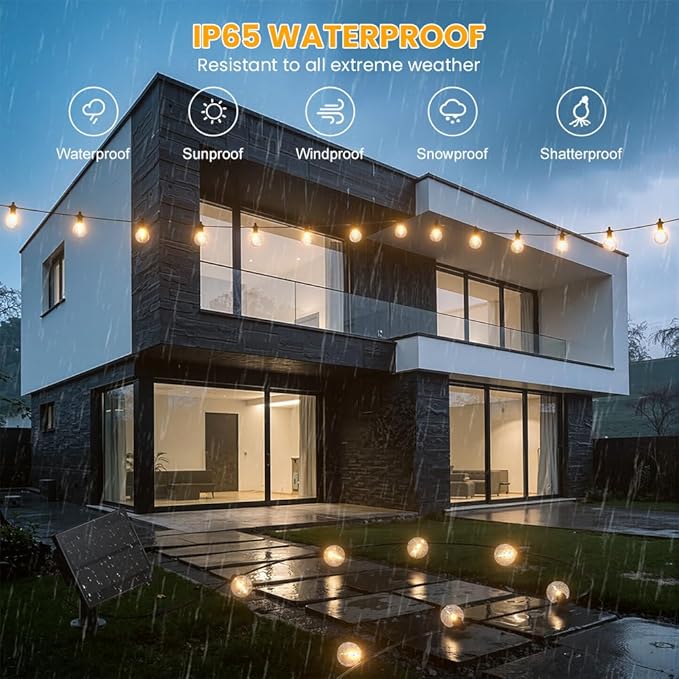 100FT Solar String Lights Outdoor Waterproof IP65 with USB-Charging , Solar Powered LED Patio Lights with 50+2 | Lumora