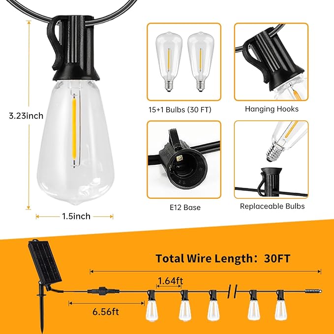 30FT Solar String Lights Outdoor Waterproof with Remote and 15+1 Shatterproof Bulbs, Patio LED Solar Powered Hanging Lightings for Outside，Camping，Backyard, Garden, Porch Decor