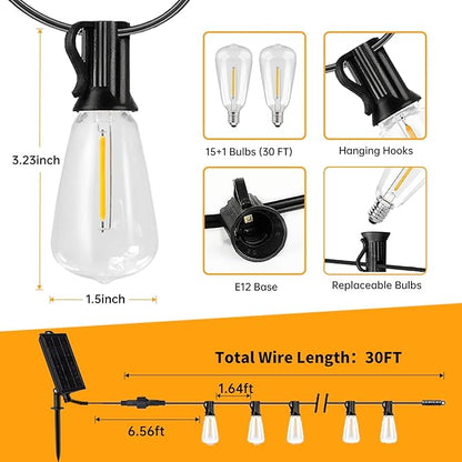 30FT Solar String Lights Outdoor Waterproof with Remote and 15+1 Shatterproof Bulbs, Patio LED Solar Powered Hanging Lightings for Outside，Camping，Backyard, Garden, Porch Decor