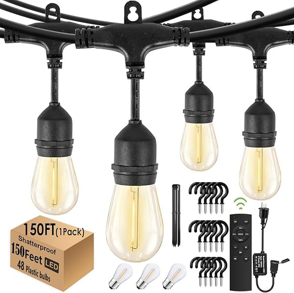 1-Pack 150 ft Outdoor String Lights with Remote Patio Lights Weatherproof, 45+3 Spare S14 Shatterproof Warm 2200K | Lumora