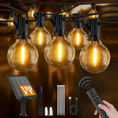 Solar String Lights Outdoor 100ft - 36+2 Shatterproof & Waterproof G40 LED Bulbs, Remote Control w/ 4 Dimming,3 Light Modes & Timer, Waterproof IP65 for Patio, Garden, Camping, Party, Christmas Décor