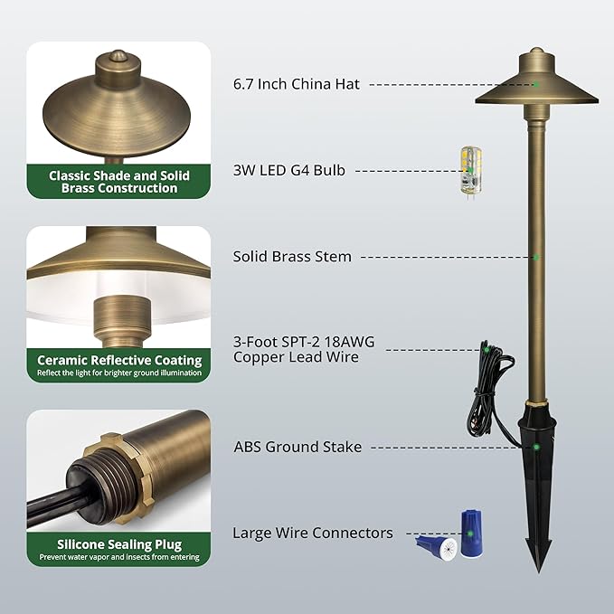 GKOLED Solid Brass Landscape Path Lights (6.7" Shade, 20" Tall), Low Voltage LED 3W 12-24V AC/DC China Hat Path Lighting, 2700K Outdoor Waterproof Walkway Light, with Stake and G4 Bulb, 2 Pack