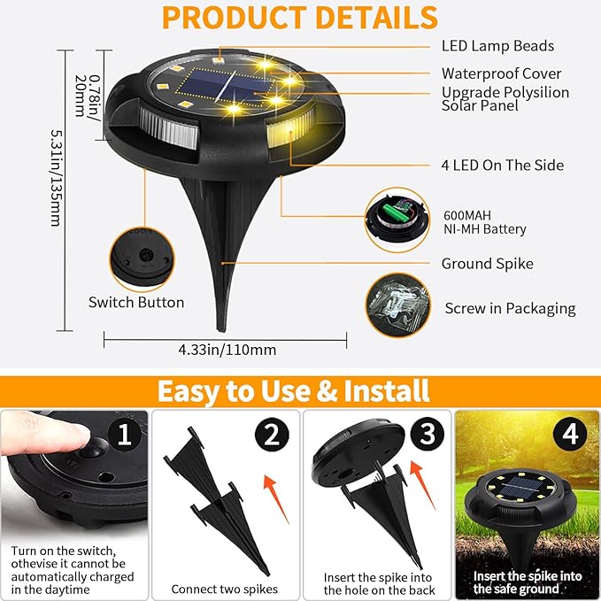 Solar Ground Lights, 8 Pack 12 LED Solar Disk Lights Outdoor Waterproof In-Ground Landscape Lighting for Garden | Lumora