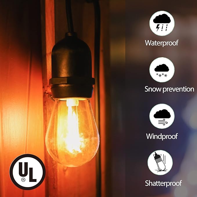 LOKATSE HOME 54 Ft S14 Outdoor String Lights 15 Edison Bulbs (+ 1 Spare) Waterproof Shatterproof E26 Base Connectable Commercial Grade Hanging for Patio Deck Backyard