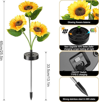 Upgraded Solar Sunflower Lights, 2 Pack Solar Garden Lights with Bigger Round Panel, 40-Hour Runtime for Indoor & Outdoor Decor, Waterproof for Patio Yard Garden