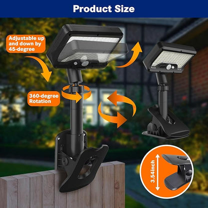 Pacify Clip On Solar Lights Outdoor, 92 LEDs 600LM 6000K Bright Solar Fence Lights with Motion Sensor, 360° Rotatable IP65 Waterproof 3 Modes Clamp Light for Deck Gutter Patio (2 Pack White Light)