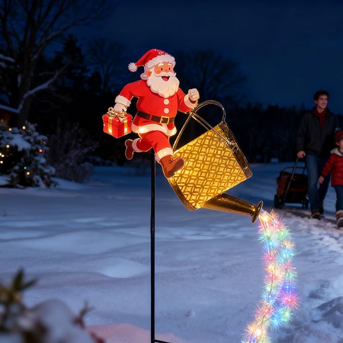 Christmas Santa Solar Kettle Lights, Waterproof Solar Watering Can with Cascading Lights, Garden Lawn Decorative Light, Hanging Metal Solars Santas Watering Can Led Light for Yard Pathway