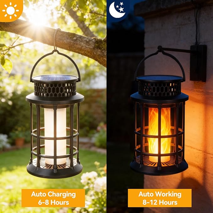 ELUTENG Solar Lantern Outdoor Lights Flickering Flame Solar Lanterns Lights 1200mAh Hanging Lantern Decorative, Outdoor Waterproof, Flame Torches for Outside Patio Pathway Yard Decorations