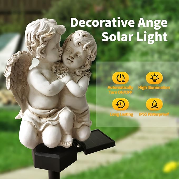 QH & Garden Angel Solar Garden Light - LED Waterproof Resin Light for Garden, Balcony, Yard, Lawn, Pathway, Walkway - Solar Powered Outdoor Decor, Memorial Gifts
