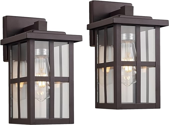 MICSIU 2-Pack Bronze Outdoor Wall Light Fixtures, 11" Modern Farmhouse Exterior Wall Mount Lantern with Clear Glass, Anti-Rust Square Sconce for House Porch Garage, Oil Rubbed Bronze