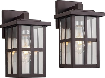 MICSIU 2-Pack Bronze Outdoor Wall Light Fixtures, 11" Modern Farmhouse Exterior Wall Mount Lantern with Clear Glass, Anti-Rust Square Sconce for House Porch Garage, Oil Rubbed Bronze