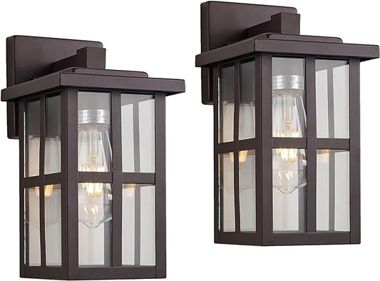 MICSIU 2-Pack Bronze Outdoor Wall Light Fixtures, 11" Modern Farmhouse Exterior Wall Mount Lantern with Clear Glass, Anti-Rust Square Sconce for House Porch Garage, Oil Rubbed Bronze