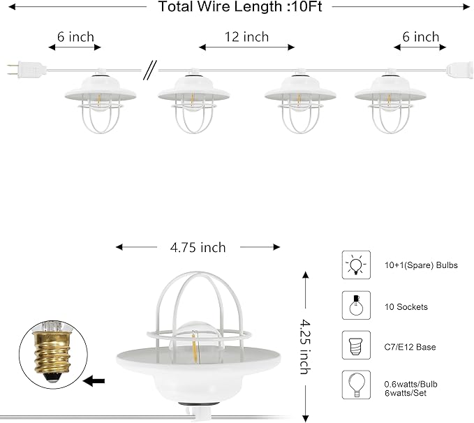 JONATHAN Y JYL8703B Indoor Outdoor Rustic Farmhouse LED G40 Metal Cage Shade String Lights Garden Patio Backyard Porch Balcony, 10 ft. 10-Light, White