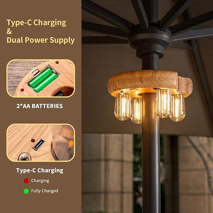 Wood Grain Patio Umbrella Light with Remote Control, Rechargeable Cordless LED Edison Bulbs Pole Light with 10 Brightness Levels for Garden, Patio, Backyard, Camping or BBQ (1 Pack)