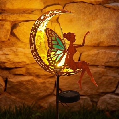 Tremdwoto Solar Garden Lights Outdoor, Metal Fairy Butterfly & Moon Decor - Cracked Glass Solar Stake with Gradient Wings, Gift for Mother's Day, Housewarming, Patio, Yard & Pathway Decorations
