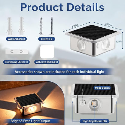 Solar Powered Outdoor Lights, IP65 Waterproof RGB & Warm White Color Changing LED Lights, Efficient Battery for Patio, Stairs, Fence, Yard, Pathway & Garden Decoration, 4-Sided Illumination