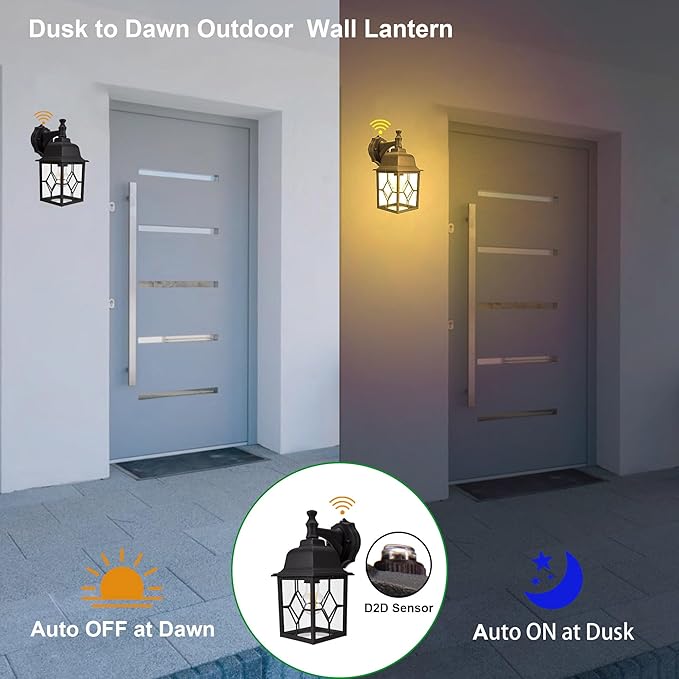 LIT-PaTH Dusk to Dawn Outdoor Wall Lantern, Matte Black Large Exterior Wall Light Fixture, E26 Base, Anti-Rust | Lumora