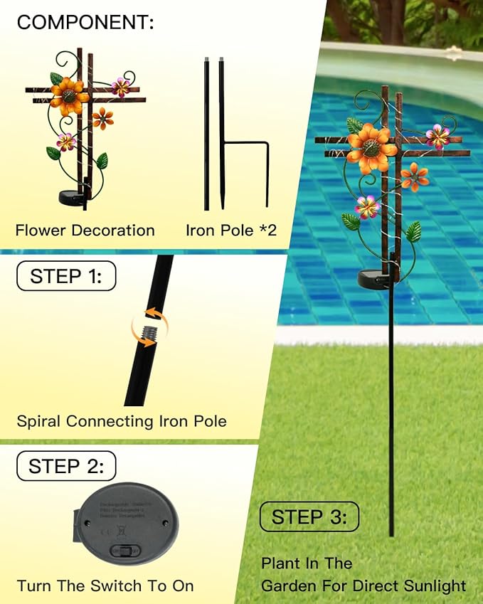 Putuo Decor Cross Outdoor Solar Garden Lights Decorative Metal Cross Garden Stake Light with LED Lights Waterproof for Yard Garden Pathway Remembrance Gifts, L087SN-0004383