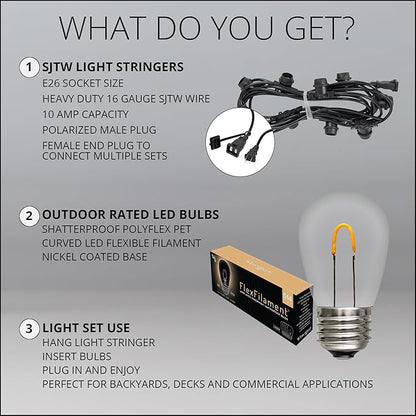 15' FlexFilament LED S14 Edison Bulb Shatterproof Commercial Outdoor Patio Lights, 10 Lights, 18" Spacing, End-to-End Connectable, SJTW All-Weather Socket Stringer