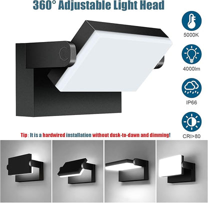 40W LED Outdoor Wall Light, 5000K Daylight Waterproof Floodlights, 360 ° Rotatable Wallpack Lighting Modern Security Commercial Exterior Wall Mount Fixture for Yard Hardwired Super Bright