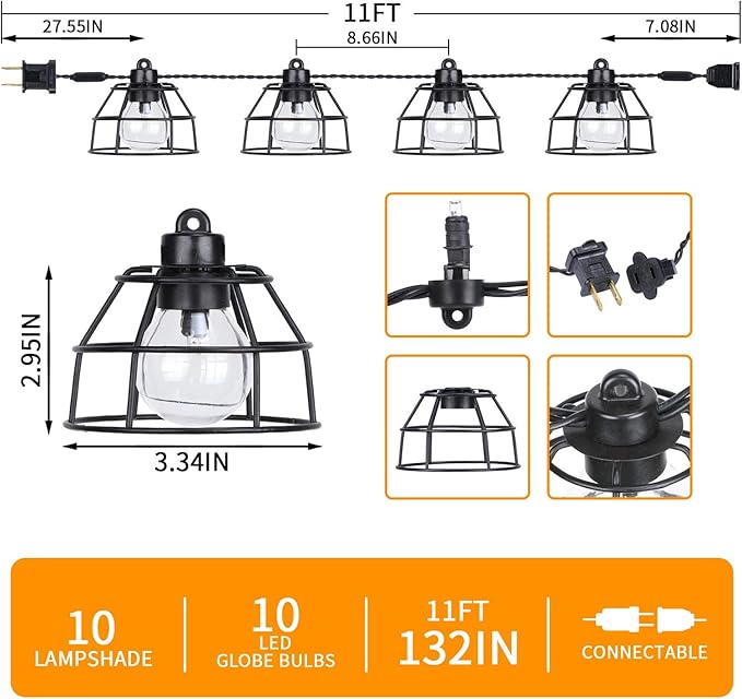 Vigdur Vintage Cafe Lights - 10 Clear G40 Bulbs with Metal Shades, Indoor/Outdoor Patio Lights for Cafe, Backyard, Garden, Porch, Deck, Holiday Decor, 11FT