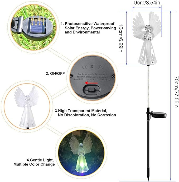 NMM Solar Angel Lights, 2 Pack Outdoor Solar Garden Lights, Multi-Color Changing Angel Decorative Lights for Yard Lawn Pathway Grave Cemetery Christmas Decoration, Thanksgiving Memorial Gift
