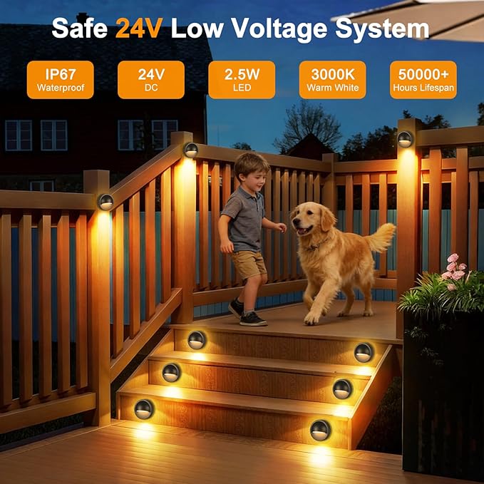 Low Voltage LED Deck Lights Kit with Transformer Timer, Dusk-to-Dawn Outdoor Step Lights Waterproof IP67, Warm | Lumora