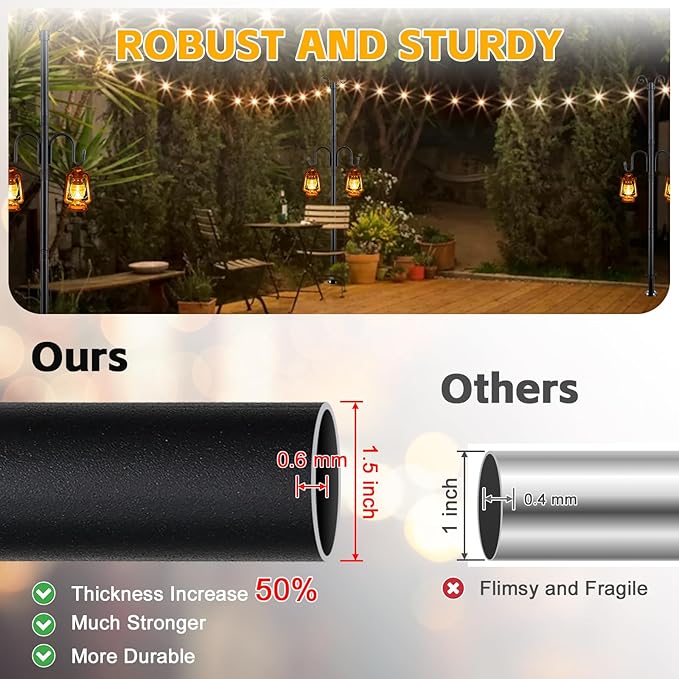 String Light Poles for Outside, 10FT Heavy Duty Outdoor String Light Pole Stand with Shepherd Hooks for Wood Deck | Lumora